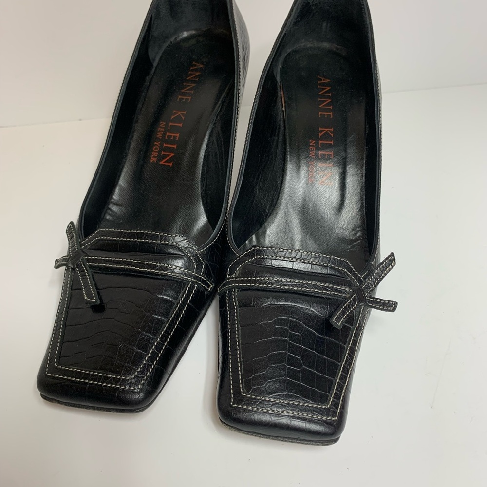 Anne Klein Black Leather Square Toe Heels